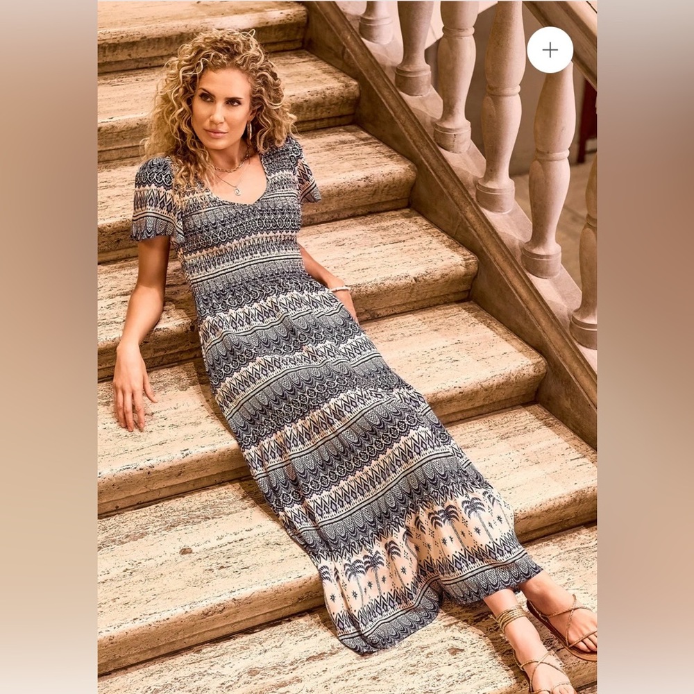 Tribal Print Smocked Maxi Dress